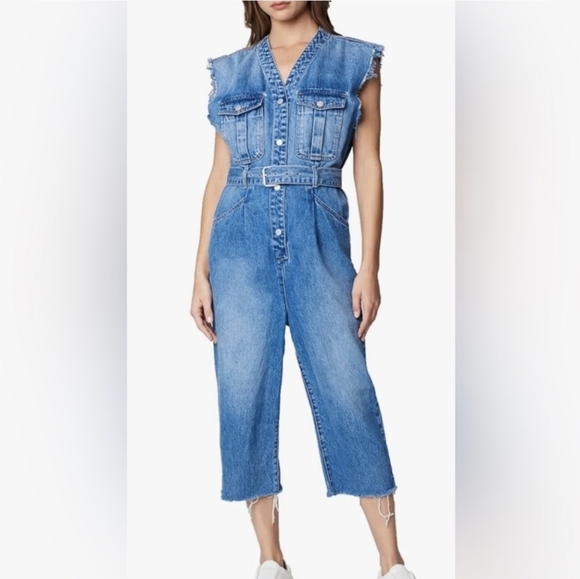 Blank NYC Pants - Blank NYC Blue Denim Jumpsuit with V-Neck and Tie Belt..SIZE:L